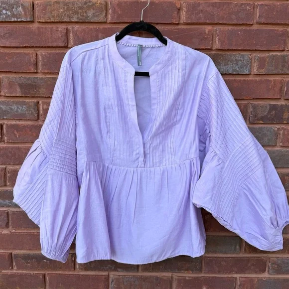 Anthropologie Long-Sleeve Pintuck Blouse Oversized Top Shirt Boho Purple Medium - Picture 2 of 6